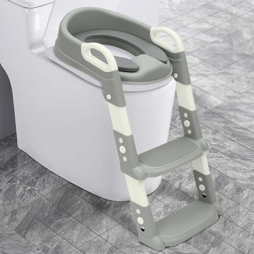 Toilettensitz Baby mit Treppe Kinder Toilettentrainer, Toilettensitz Kinder, mit PU Gepolstert & vier rutschfesten Gummipads Rutschfesten Pedale, 34-44cm einstellbare Höhe