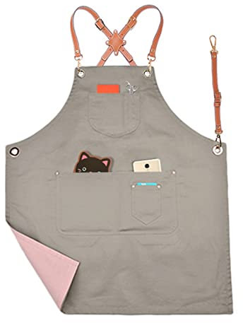Werkzeugschürze, Arbeitsschürze mit Taschen, Arbeitsschürze, Segeltuchschürze, Werkstatt-Werkzeugschürze mit verstellbaren Trägern for Friseur, Küche, Gärtner, Café (Farbe: Grau, Rosa, Größe: X-Groß)