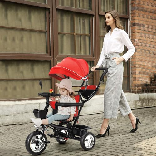 OHMG Kinderkraft Dreirad, mitwachsend, 3-in-1, Laufrad, skalierbar, Fahrrad, Kinderwagen, Skalierbar, Trike Baby, mit faltbarer Sonnenblende und abnehmbaren Pedalen (Rot-1)