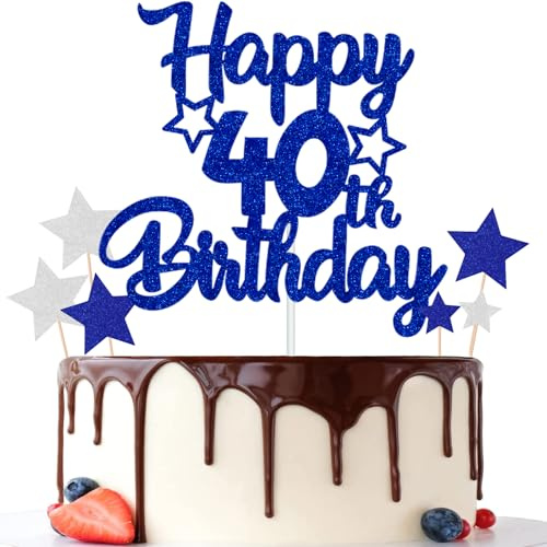 Gidobo 40th Birthday Cake Toppers, Blue Glittery Cake Decorations with Stars, Forty Years Old Birthday Party Supplies for Men and Women