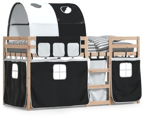 Juroupi Etagenbett mit Vorhängen Weiß & Schwarz 80x200 cm Kinder Etagenbett Kinderbett Doppelbett Kinderhochbetten Bett Kiefernholz - 3283988