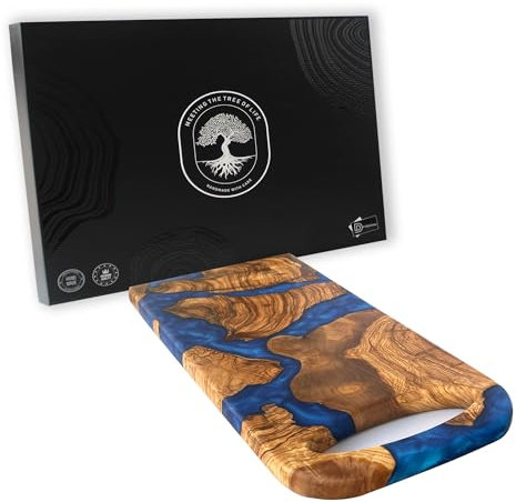 Handmade Olive Wood Small Cutting Board Resin Mini Charcuterie Boards with Handle, Black Epoxy Resin Small Wood Cutting Board for Kitchen (Blue)