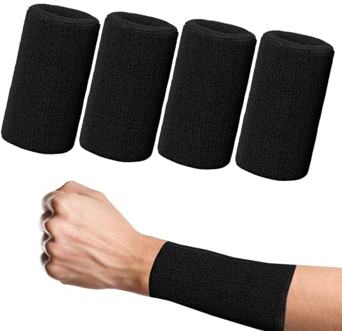 SMCEHEYA 4 Pack Sweat Bands for Wristbands 6Inch 15x8cm Wrist Bands Extended, Wristbands Sweatbands Absorbent For Gym Sports Tennis Running, Wrist Sweat Bands Men Black, Sweatbands for Women Cotton