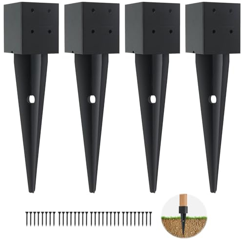 4 Pcs 4x4 Fence Post Anchor Ground Spike16(Inner Size 3.6x3.6) Black Powder Coated–Mailbox Post Anchors, for Deck,Fence,Railing,Mailbox..