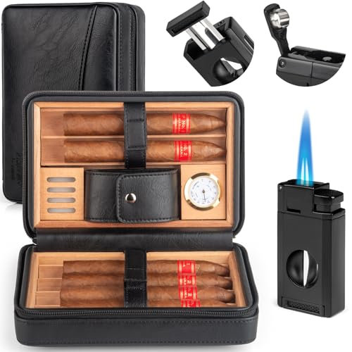 Marvero Leder Zigarrenhumidor Reise Set mit Hygrometer & Befeuchter - Tragbarer Reise Humidor für 6 Zigarren,3-in-1 Zigarrenanzünder, V-Cutter & Punzierer