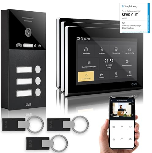 GVS IP Video Türsprechanlage 3 Familienhaus RFID Türöffner - 3X 7 Monitor | Smarte Video Türklingel mit Kamera und Monitor & App - Gegensprechanlage mit Türöffner (AVS4291A)