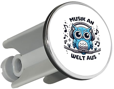 Huuraa Waschbeckenstöpsel Musik an Welt aus Eule Geschenk | Universal Stopfen 4cm höhenverstellbar Abflussstopfen Geschenkidee Stöpsel mit Motiv für das Waschbecken