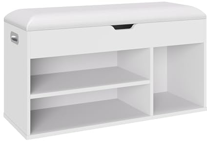 Shoe Bench With Padded Seat, Bench with Cushion Bed End Stool with Hidden Storage & 3 Shelves for Living Room Lounge Hallway Bedroom (Pure White)