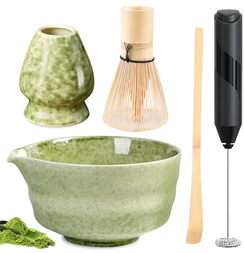 PORFOYO Matcha Set con espumador de leche eléctrico, juego de té Macha de 5 piezas, juego de té matcha, juego de escoba matcha, incluye cuenco de matcha, batidor de bambú matcha, pala de bambú