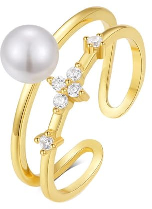 Skcess 9K Gelbgold Ringe Frauen Weiß Perle, Verstellbarer Offener PerlenRinge Damen Größe 62 (19.7)