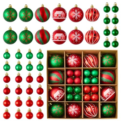 Rot Grün Weihnachtskugeln Kunststoff Set, 44 Stück Weihnachtsbaumschmuck Christbaumkugeln Deko Weihnachten Weihnachtsbaumkugeln Plastik Weihnachtsschmuck für Feiertage und Partys