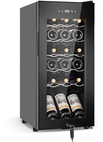 Tylza 18 Bottles Wine Fridge, Wine Cellar with Powerful Compressor, LED Touchscreen, Low-E Tempered Glass Door, Lock, Wine Cooler Refrigerator for Red, White, Champagne or Sparkling Wine, Black