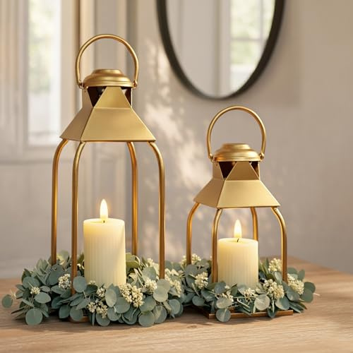 Dekorative Metall-Laternen für drinnen und draußen, Kerzenhalter für Veranda, Terrasse, Kamin, Boden, Hochzeit, Weihnachten, Herbst, Urlaub, Bauernhaus-Tischdekoration (Gold, 2 Stück, 39,9 cm, 30,5 cm
