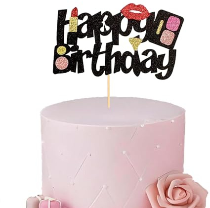 Makeup Happy Birthday Cake Topper Lipstick Lip Eyeshadow Glitter Cake Topper Decoration for Bridal Shower Women Makeup Theme Party Birthday Party Supplies