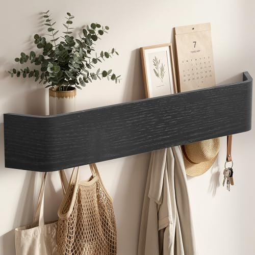 Soontrans Garderobenleiste, 57x10x7.5cm, Wandgarderobe mit Ablage, 6 Verdeckten Garderobenhaken, Kleiderhaken Wand, Hakenleiste Garderobe für Eingang, Flur, Wohnzimmer und Schlafzimmer(Schwarz)