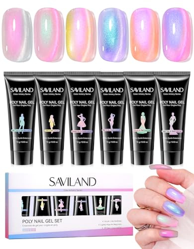 SAVILAND Color Artistry poly nagelgelset: Glow & Go poly förlängningsgel nagelset 6 Aurora färger gel nagelförlängningsset med kattögonmagnet för builder förstärkning Cateye nagelkonstsalong