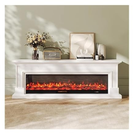 Cheminée Murale Meuble TV avec cheminée de Style français, Meuble Divertissement Moderne et décoratif cheminées électriques à LED, Faible Bruit(Blanc,Grand)