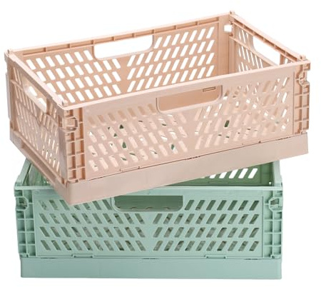 2 st vikbara plastkorgar stabila hopfällbara förvaringslådor organiserare för badrum garderob kök 30,5 x 20 x 11,5 cm grön beige