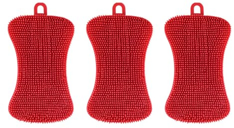 3 Stück Silikon Schwamm Reinigungsbürste, Silikonschwamm Reinigungsschwamm Mehrzweck Ideal für Küche Bad Obst Gemüse Schrubber Küchenutensilien Pinselzubehör, Rot