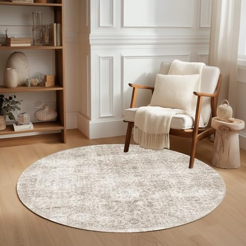 Beauoop 150cm Round Washable Area Rug Beige Vintage Neutral Distressed Non Slip Carpet for Living Room Bedroom Soft Low Pile Indoor Mat Retro Circle Throw Rug for Dining Room Office Nursery Bedside