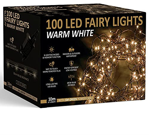 NETTA Christmas Tree Fairy Lights - 10M 100 LED Mains Powered, Waterproof Outdoor String Light, 8 Modes Plug in Lighting Outside Indoor & Outdoor Garden Xmas Decorations - Warm White