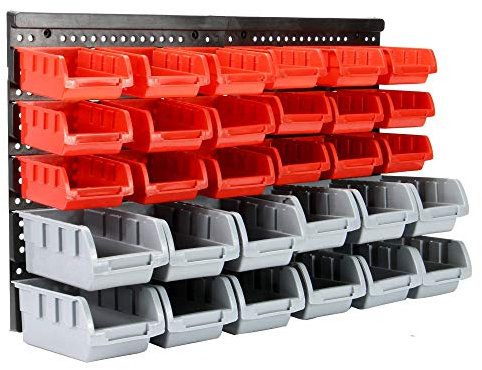 30-Piece Wall Mounted Tool Storage Rack – Pegboard Backboard with Bins & Hooks – Garage, Workshop & Shed Organiser – Stackable DIY Wall System – Black Plastic Containers | Pukkr