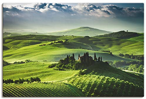 ARTLAND Wanddeko Leinwand Bilder Wandbild 60x40 cm Landschaften Felder Fotografie Grün Sonnenaufgang über einer Olivenfarm S7NL