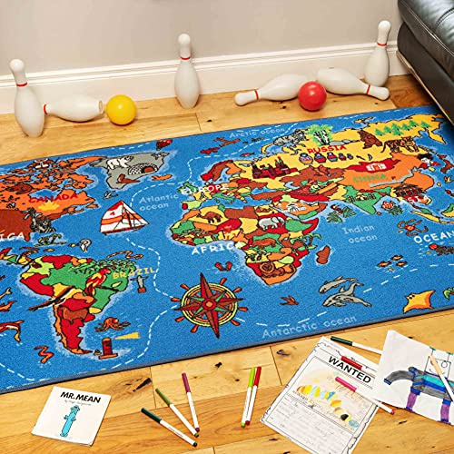 The Rug House Childrens Kids World Map Playmat Educational Animal Capitals Toddler Nursery Boys Girls Bedroom Playroom Classroom Carpet Rugs Mats 95cm x 200cm