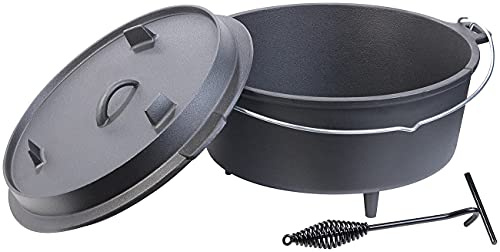Rosenstein & Söhne Töpfe: Dutch Oven aus Gusseisen mit Standfüßen, 2in1-Deckel & -Pfanne, 12 l (Gusseisen Kochtöpfe, Dutch Oven mit Füßen, Wok)