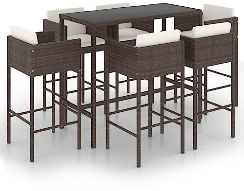 vidaXL Gartenbar Set 7-TLG. mit Kissen Theke Bar Tresen Gartentheke Bartisch Stehtisch Barhocker Barstuhl Gartenmöbel Poly Rattan Braun