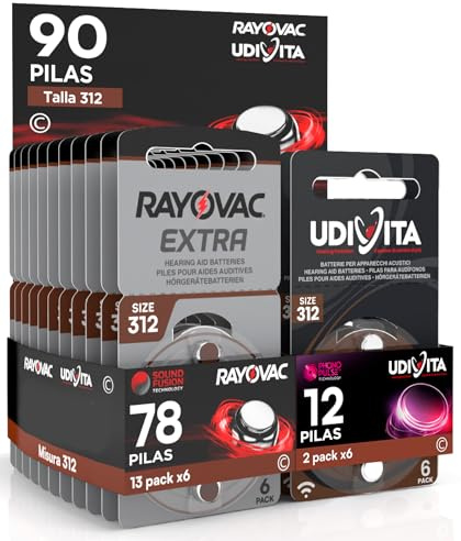 90 Baterías para Audífonos Medida 312 PR41 Marrones Zinc Aire Phono Pulse Technology en 15 Blíster de 6 Pilas 90 Baterías 78 Rayovac + 12 Udivita