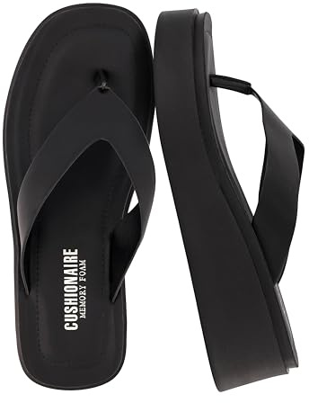 CUSHIONAIRE Pippin Chunky Platform Flip Flops, Stylish Wedge Flip Flops for Women with Cushioned Footbed and Durable Sole, BLACK 6.5
