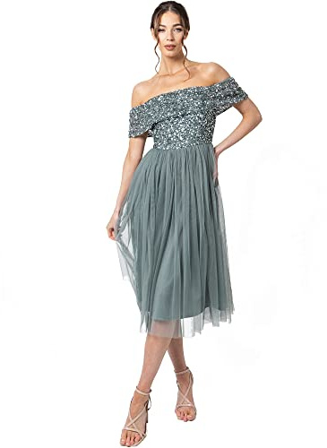 Maya Deluxe Maya Berry Embellished Halter Neck Maxi Dress Robe de Demoiselle d'honneur, Vert bruyant., 36 EU