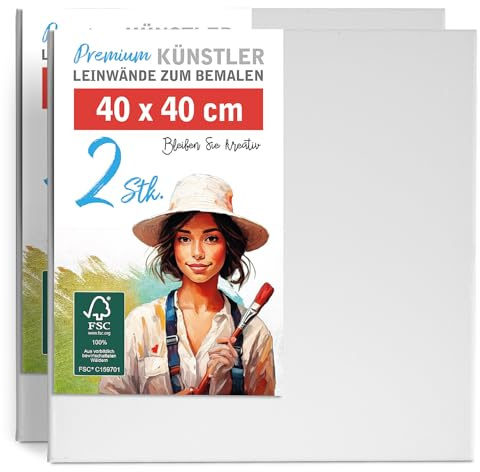 2er-Set Leinwand zum Bemalen 40x40cm groß - 100% Baumwolle 280g/m², 2-fach grundiert, FSC® Holz-Keilrahmen 17mm, für Acrylfarbe, Aquarell, Öl & Gouache