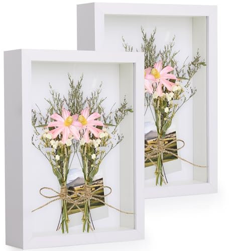 Anhow 2er 3D Bilderrahmen zum Befüllen, A4 3D Bilderrahmen Tiefer Objektrahmen 20 x 30 cm mit Transparente Echtglas für Tischplatte und Wand - Weiß/ 3cm