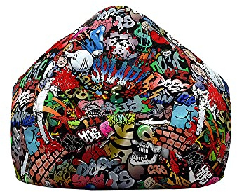 Treer Fodera per Pouf a Sacco per Adulti e Bambini, Hip -Hop Graffiti Stampa Copertura per Poltrona Sacco con Cerniera e Senza Imbottitura, Pouf a Forma di Pera Bean Bag Cover (90x110 cm,Rosso)