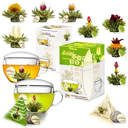 Creano 2x Teeblumen Geschenkset Teelini - Grüner + Weißer Tee mit je 8 Teeblumen + Teeglas 200ml