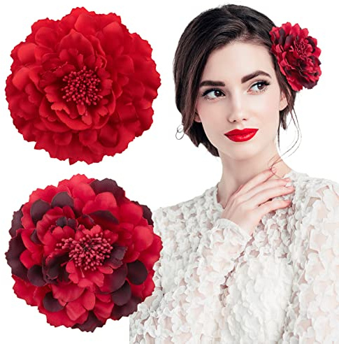 BOFUNX 2 Stücke Blumen Haarspangen Haarclip Rot Blume Brosche Haarschmuck Haarnadeln Haarklammer für Party Hochzeit Halloween Karneval Maskerade Make up