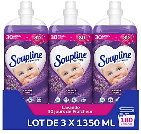 SOUPLINE Adoucissant Linge Concentré 3D Senteur Lavande Avec Extrait Naturel*, Assouplissant Linge Formule Améliorée pour Plus de Douceur**, Assouplissant Textile Liquide, Soupline Lot de 3x1,35L