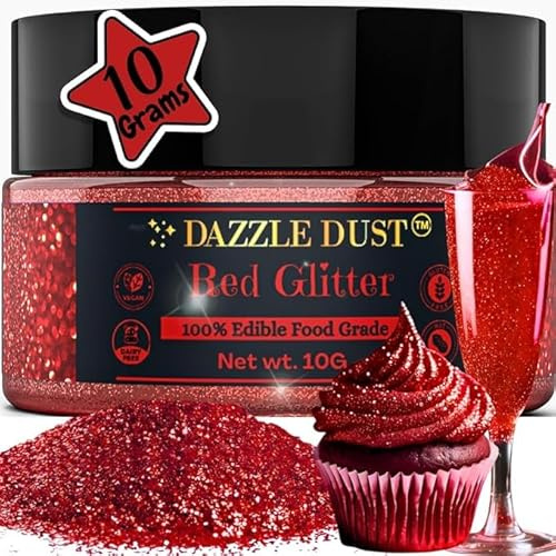 Dazzle Dust Edible Glitter Sprinkles for Cake Decorating, Drinks, Cookie, Icing, Dessert Decorations, Sparkly Luster, Food-Grade, Vegan, Gluten Free, Kosher, Bulk 10g, Red