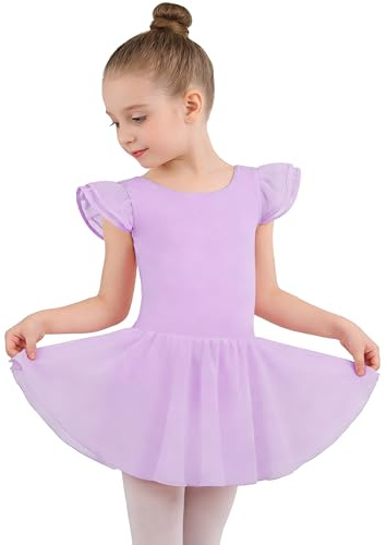 MdnMd Dance Ballet Leotard for Toddler Girls Dance Dress Tutu Swallowtail Skirt Flutter Sleeve (Lavender Purple, 2-4 Years)