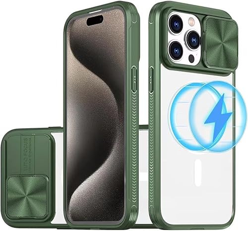 Fodral för iPhone 15 Transparent Magnetism Skydd, Kameraskydd Skjutbart Ultratunn Hård Hård Stöttålig Reptålig Halkfri Stöttålig Skyddshölje Grön