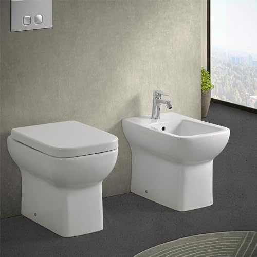 Coppia wc e bidet filomuro salvaspazio senza brida con scarico universale, in ceramica bianco lucido con sedile originale soft-close, serie GINEVRA