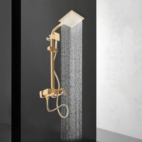 Duscharmatur Duschpaneel Regendusche Dusch Set Bad System Duschstange Mischbatterie Brause Kupfer Edelstahl Mit Kopfbrause Handbrause Modern Luxus HöHenverstellbar Quadratischer Gold 20Cm