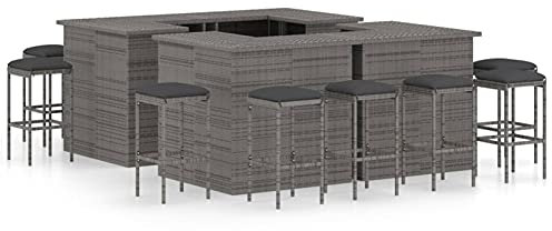 Gecheer 16-TLG.Gartenbar-Set Garten Bar Set Sitzgruppe Rattan Bar Tresen Theke Tisch Barset Garten Tisch Outdoor Gartenmöbel Set mit Kissen Poly Rattan Grau