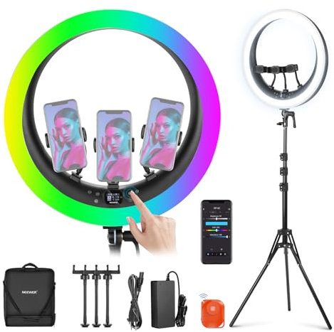 NEEWER 19” LED RGB Ring Light+Stativo, 3 Portatelefono, Pannello Touch, Controllo 2,4G/App, 42W CRI97+ 2800lux/0,5m, Luce Professionale Dimmerabile 360° per Trucco Streaming Live e Chiamate Zoom,RP19C