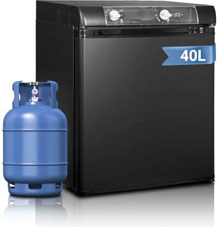 Techomey Camping Kühlschrank Gas 12V 230V, Gas Kühlschrank 40L, Kühlschrank 12V 230V Gas, für Camping, Wohnmobil, LKW, Auto, Schwarz