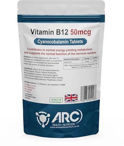 Cyanocobalamin Vitamin B12 50mcg 400 Tablets - Suitable for Vegans & Vegetarians - for Men & Women - Made in UK