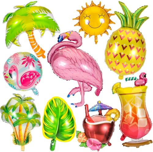 HOWAF Lot de 9 ballons décoratifs hawaïens, en aluminium, accessoires de piscine, accessoires de fête, flamant rose, ananas, ballons pour décoration de plage hawaïen, tropical, Aloha, Tiki