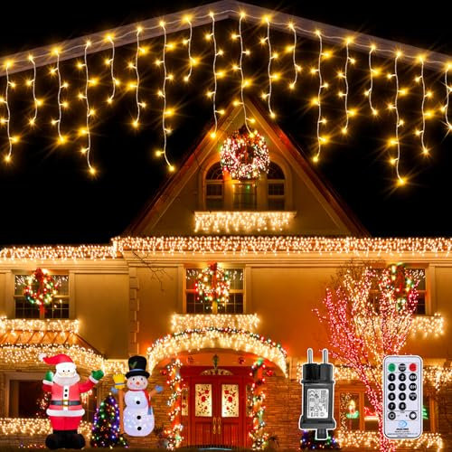 Auriostar Eisregen Lichterkette Außen, 7.5M 306 LED Weihnachtsbeleuchtung Außen mit Timer 8 Modi, IP44 Wasserdicht Lichterkette Außen Strom Warmweiß für Balkon Fenster Haus Weihnachtsdeko Aussen